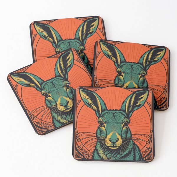 Item preview, Turquoise hare on an orange art nouveau background designed and sold by VoodoovilleArt.