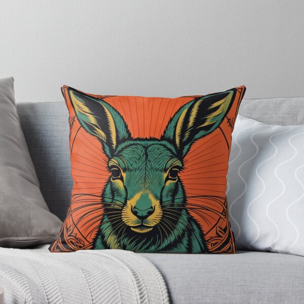 Artikel-Vorschau von Türkisfarbener Hase auf orangefarbenem Jugendstilhintergrund, designt und verkauft von VoodoovilleArt.