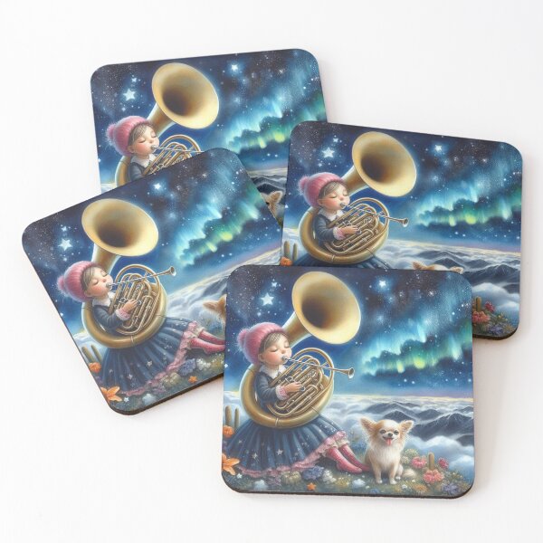 Item preview, Girl Playing Sousaphone with Chihuahua on Flowery Mountain on Starry Night with Aurora Borealis designed and sold by ElegantTeaTime.