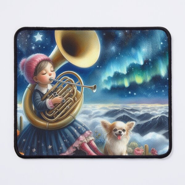 Item preview, Girl Playing Sousaphone with Chihuahua on Flowery Mountain on Starry Night with Aurora Borealis designed and sold by ElegantTeaTime.