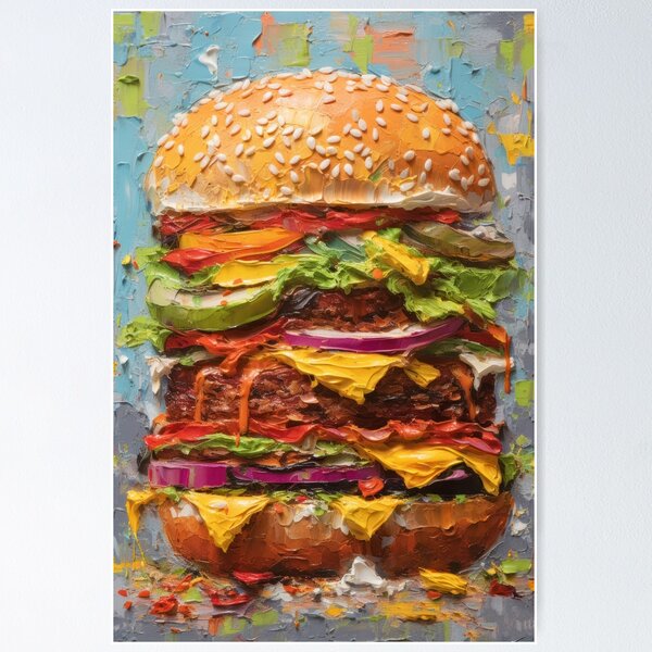 Item preview, Tall Double Burger Cheeseburger Colorful Thick Impasto Oil Art designed and sold by salarkoshop.
