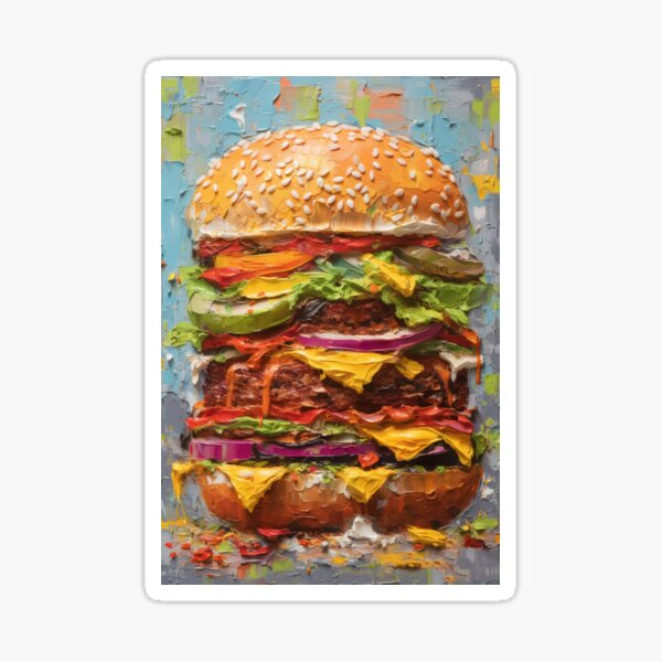 Item preview, Tall Double Burger Cheeseburger Colorful Thick Impasto Oil Art designed and sold by salarkoshop.