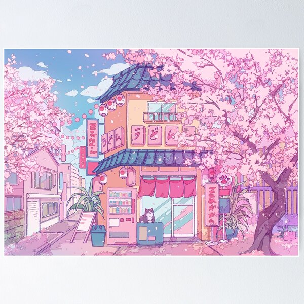Cute cats' cafe and the pink cherry trees blossom Poster