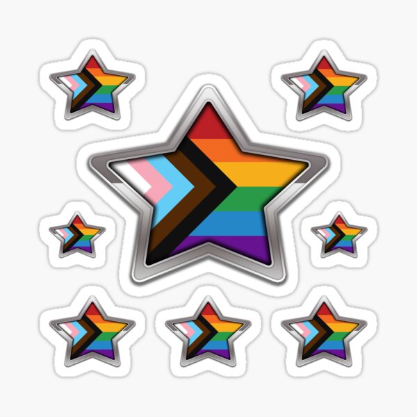 Large Progressive Rainbow Pride Flag Colored Star with Chrome Frame Sticker