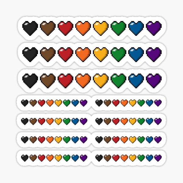 Row of Eight Inclusive Rainbow Pride Flag Pixel Hearts Sticker