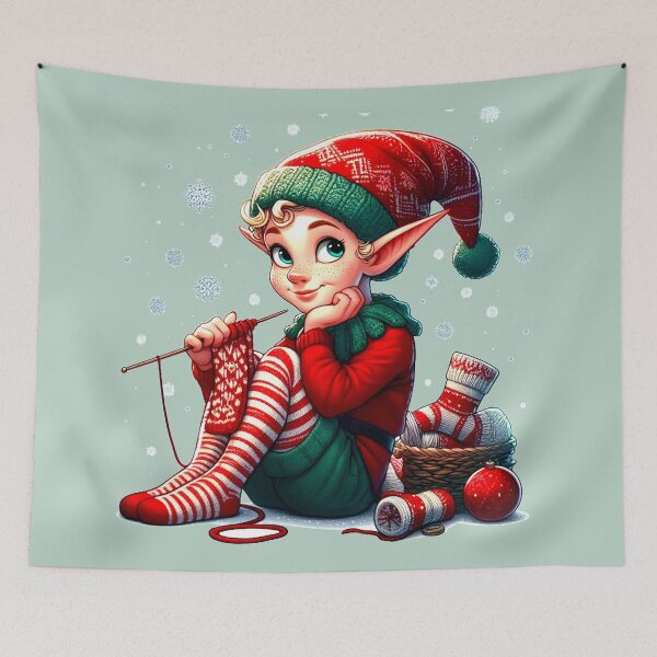 Item preview, Christmas elf knitting socks designed and sold by humultinitee.