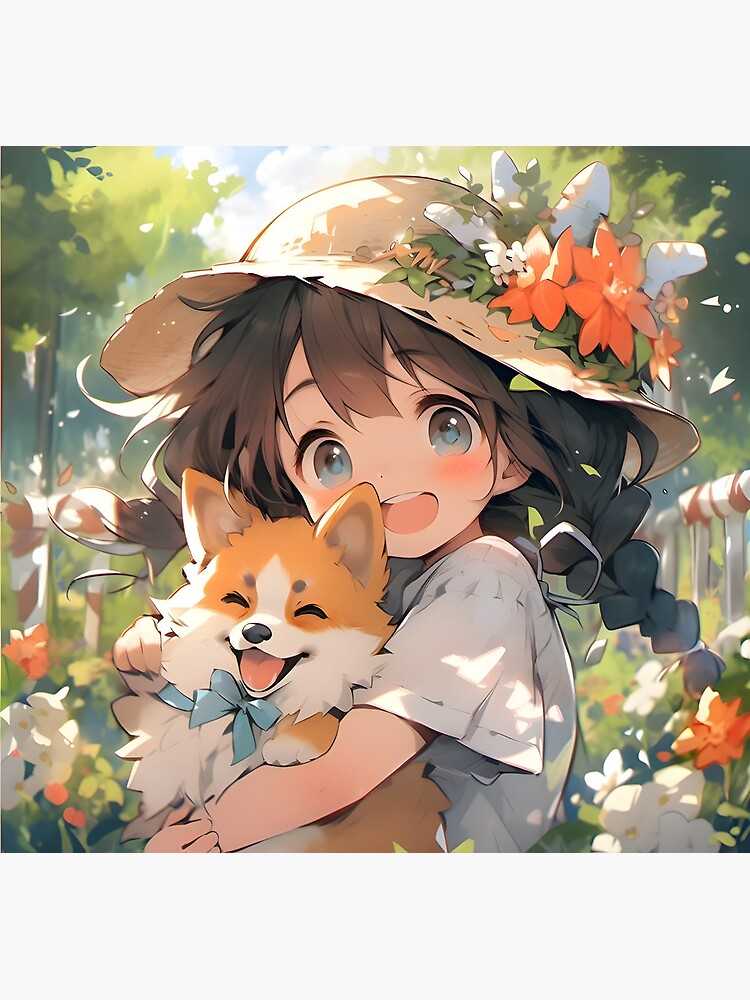 Anime small girl with dog in field art Art Print