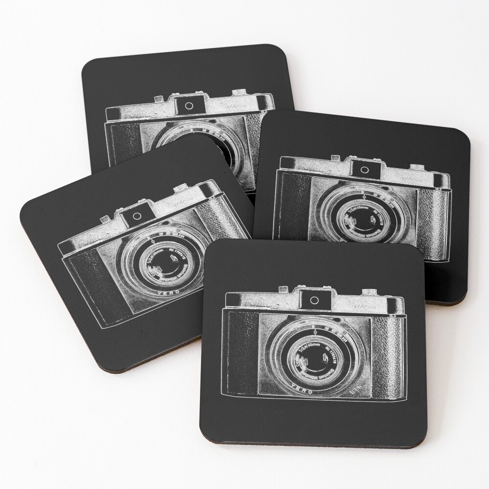 iLoca Vintage Camera with White Outline Coasters (Set of 4)
