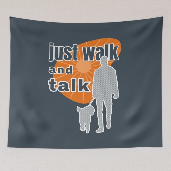 Item preview, Just walk and talk walking with a dog against the background of the orange sunrise designed and sold by SplashTastic.