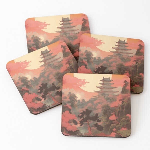 Item preview, Vintage Asian Japanese Nature Landscape with Cherry Blossoms and Mountain Landscape with Asian Architecture and River designed and sold by Je-we.