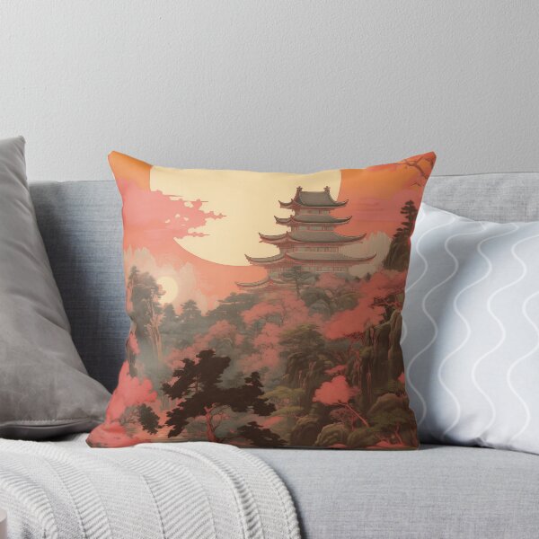 Item preview, Vintage Asian Japanese Nature Landscape with Cherry Blossoms and Mountain Landscape with Asian Architecture and River designed and sold by Je-we.