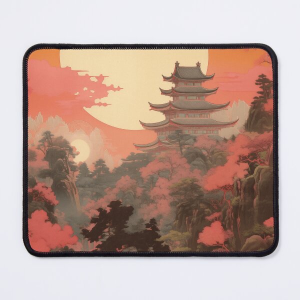 Item preview, Vintage Asian Japanese Nature Landscape with Cherry Blossoms and Mountain Landscape with Asian Architecture and River designed and sold by Je-we.
