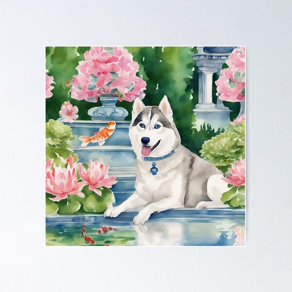Item preview, Husky and a flying fish, whimsical watercolor painting designed and sold by SophieClimaArt.