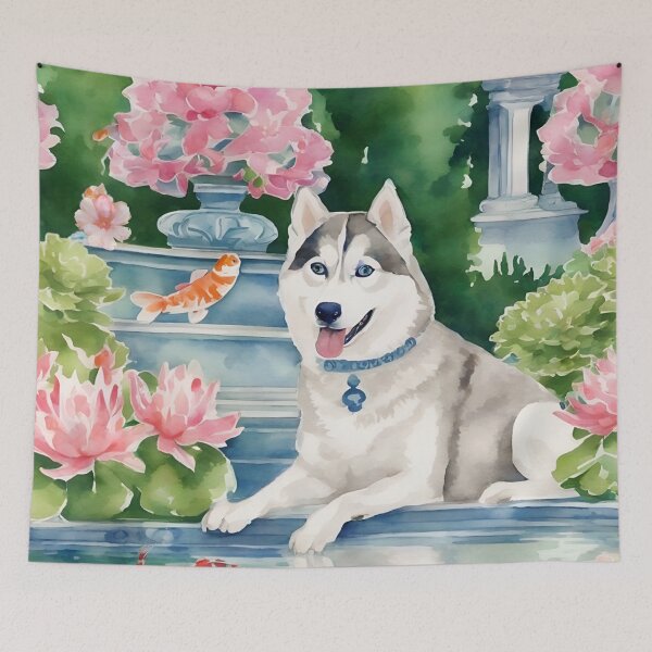 Item preview, Husky and a flying fish, whimsical watercolor painting designed and sold by SophieClimaArt.