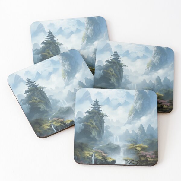 Item preview, Asian Japanese Nature Landscape with Waterfalls and Mountain Landscape with Asian Architecture and River designed and sold by Je-we.