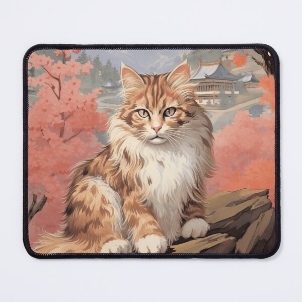 Item preview, Vintage Japanese Landscape with Traditional Asian Architecture and a Fluffy Cat designed and sold by Je-we.