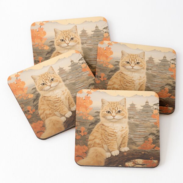 Item preview, Vintage Japanese Landscape with Traditional Asian Architecture and a Ginger Cat designed and sold by Je-we.