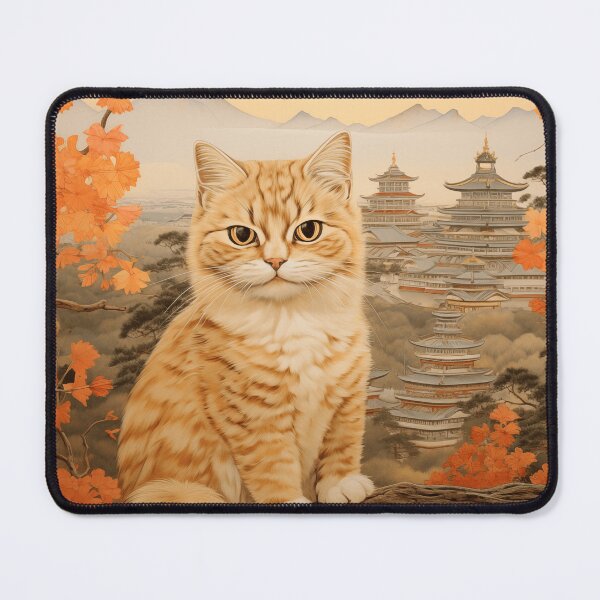 Item preview, Vintage Japanese Landscape with Traditional Asian Architecture and a Ginger Cat designed and sold by Je-we.