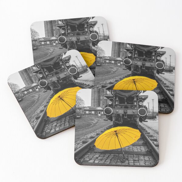 Item preview, Yellow umbrella in front of old steam locomotive in Emden designed and sold by Stefans-Bilder.