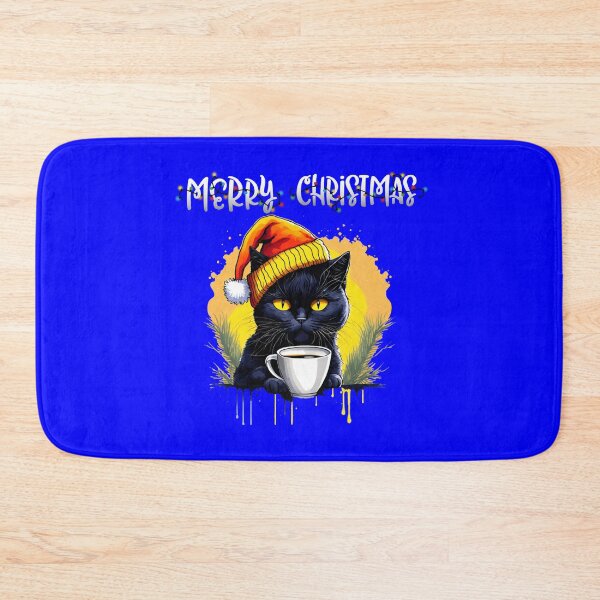 Item preview, Merry Christmas, black cat, hot, coffee, blue pattern, designed and sold by Cerulean-Shop.