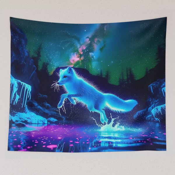Aperçu de l'œuvre Blacklight Style Arctic Fox Luminous Leap - Enchanting Wildlife Art créée et vendue par Matt's Artificial Nature.