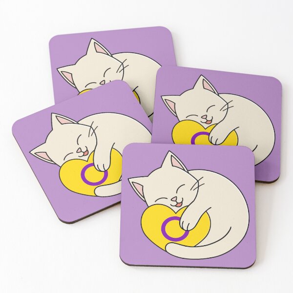 Item preview, Lindo gato blanco feliz sosteniendo un corazón con bandera intersexual designed and sold by AroAxel.