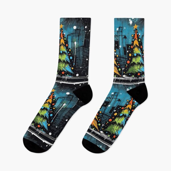 Item preview, Dual Delight- Two Christmas Trees Adorning a Snowy Street in Vibrant Hues designed and sold by OlfactoART Studio.
