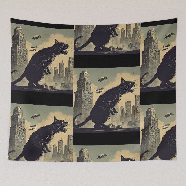 Item preview, Catzilla Attacking The City Vintage Color Illustration Design designed and sold by EarthArtDesigns.