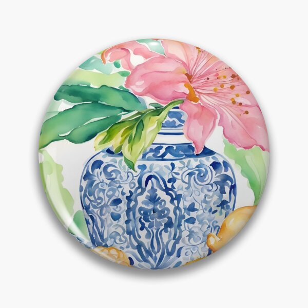 Item preview, Blue and white chinoiserie jar, tiger lily and lemons watercolor designed and sold by SophieClimaArt.