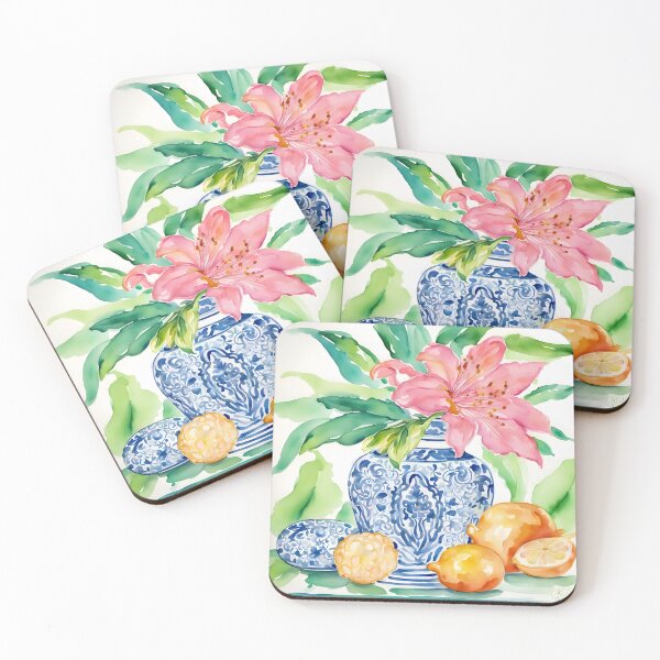Item preview, Blue and white chinoiserie jar, tiger lily and lemons watercolor designed and sold by SophieClimaArt.