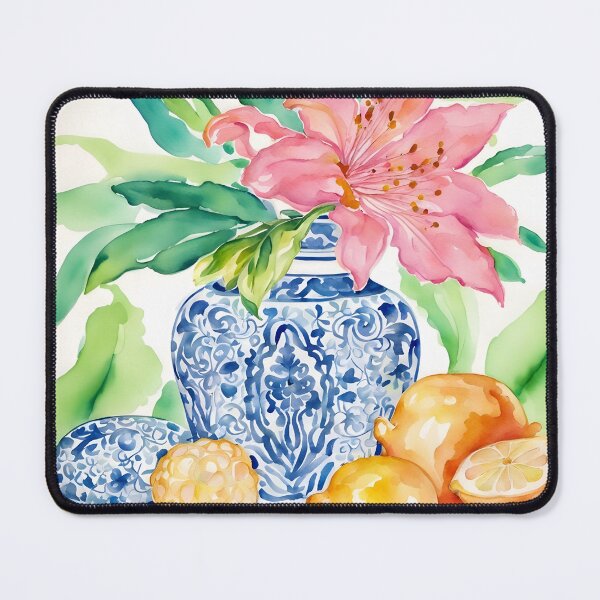 Item preview, Blue and white chinoiserie jar, tiger lily and lemons watercolor designed and sold by SophieClimaArt.