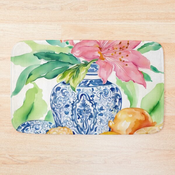 Item preview, Blue and white chinoiserie jar, tiger lily and lemons watercolor designed and sold by SophieClimaArt.