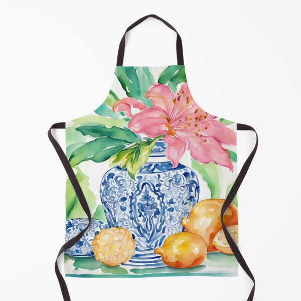 Item preview, Blue and white chinoiserie jar, tiger lily and lemons watercolor designed and sold by SophieClimaArt.