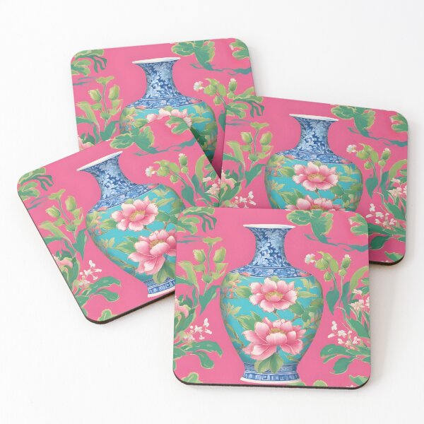 Item preview, Frascos de estilo chinoiserie y flores de cerezo sobre rosa fuerte designed and sold by SophieClimaArt.