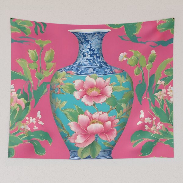 Item preview, Chinoiserie jars and cherry blossom on hot pink designed and sold by SophieClimaArt.