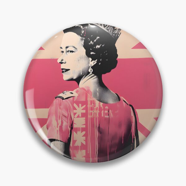 Aperçu de l'œuvre Regal Fusion - Reine Elizabeth en rose Bubblegum avec Union Jack - Une fusion Pop Art et Street Art créée et vendue par OlfactoART Studio.