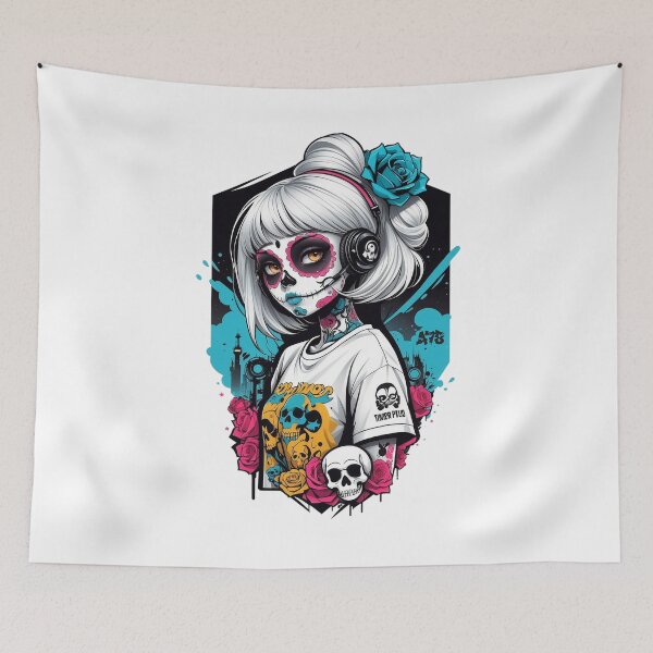 Item preview, Sugar Skull Girl with White Hair & Headphones designed and sold by A78-Designs.