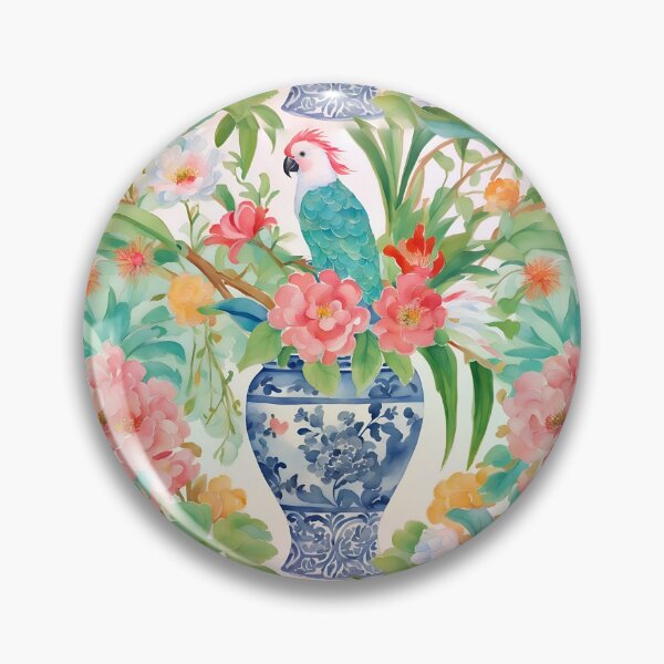 Item preview, Parrot and chinoiserie jar watercolor painting designed and sold by SophieClimaArt.