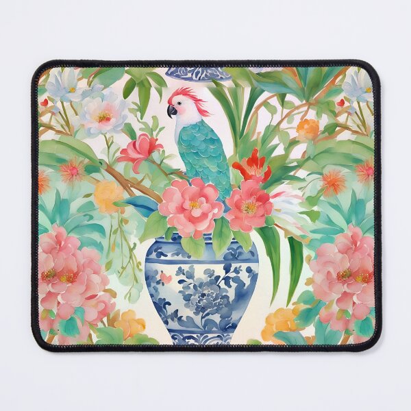 Item preview, Parrot and chinoiserie jar watercolor painting designed and sold by SophieClimaArt.