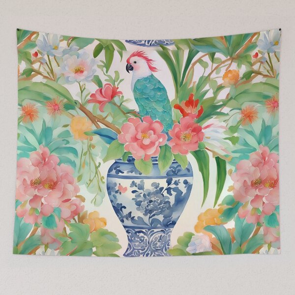 Item preview, Parrot and chinoiserie jar watercolor painting designed and sold by SophieClimaArt.