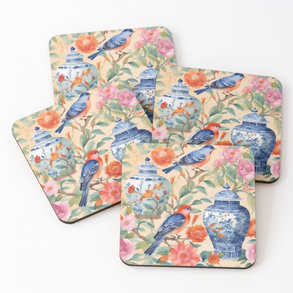 Item preview, Chinoiserie jars, birds and flowers watercolor painting designed and sold by SophieClimaArt.