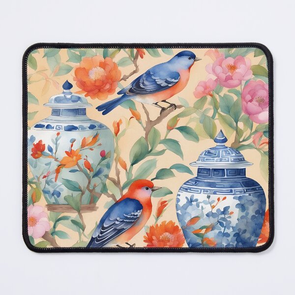 Item preview, Chinoiserie jars, birds and flowers watercolor painting designed and sold by SophieClimaArt.