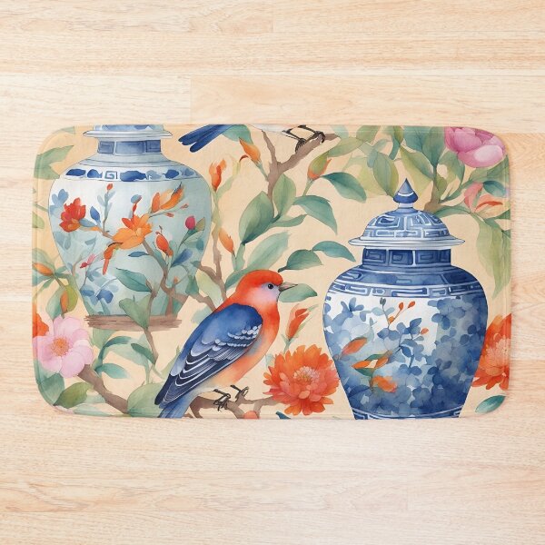Item preview, Chinoiserie jars, birds and flowers watercolor painting designed and sold by SophieClimaArt.