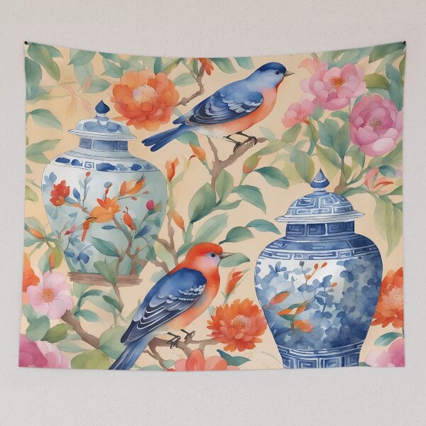 Item preview, Chinoiserie jars, birds and flowers watercolor painting designed and sold by SophieClimaArt.
