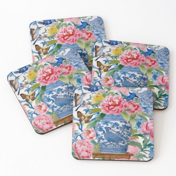 Item preview, Chinoiserie vase, peonies, birds and butterflies watercolor painting designed and sold by SophieClimaArt.
