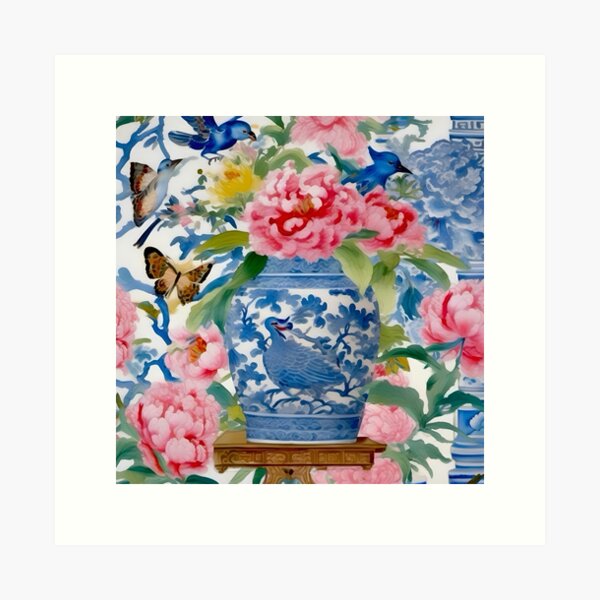 Item preview, Chinoiserie vase, peonies, birds and butterflies watercolor painting designed and sold by SophieClimaArt.