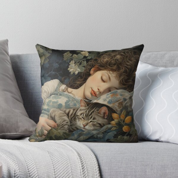 2024 Calendar (Girl and Cat) Throw Pillow