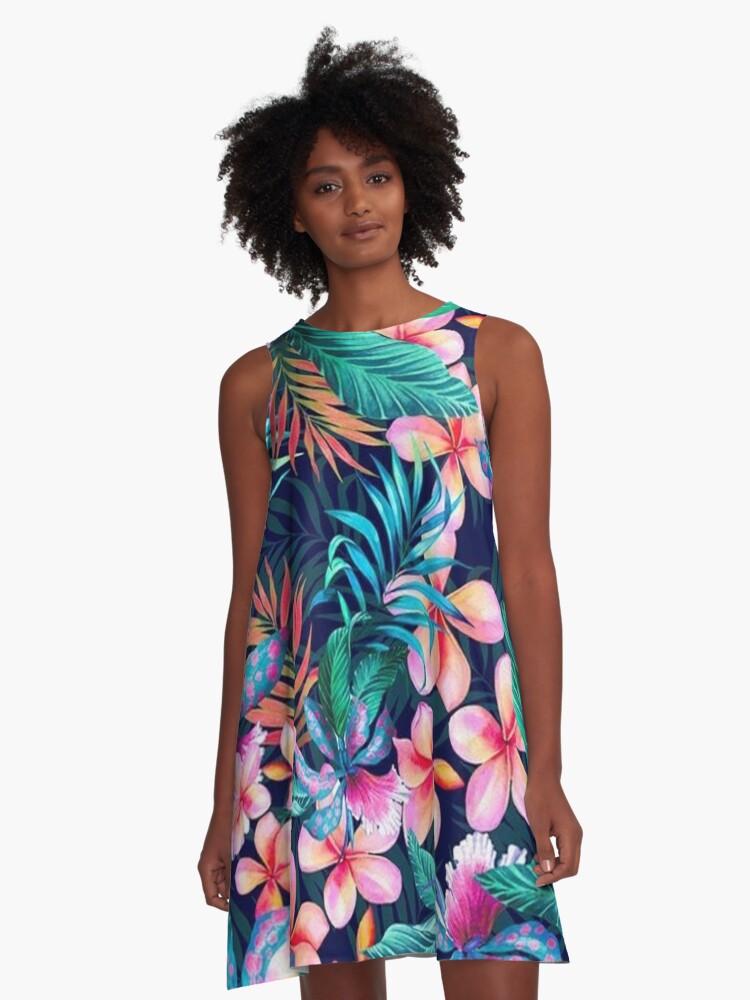 Neon Tropical Hawaiian Flowers | A-Line Dress
