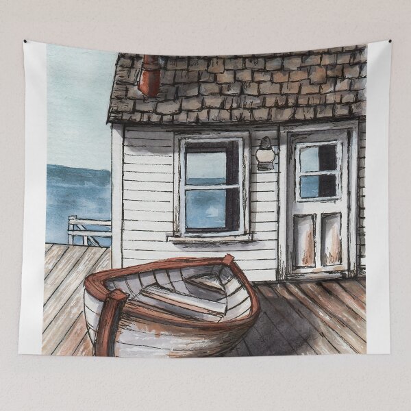 Item preview, Beach house watercolour painting designed and sold by Funsize-Art.