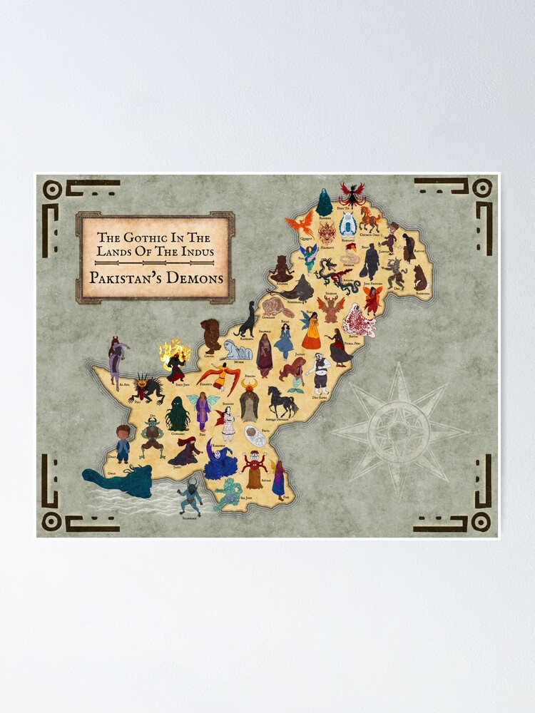 Thumbnail 1 of 3, Poster, Illustrated Map | Mythical Creatures of Pakistan designed and sold by Folkloristan.